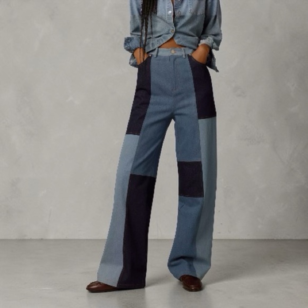 Avec Les Filles Patchwork Wide Leg Jeans Multi Blue Wash Small
